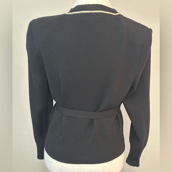 St. John Collection Black Cardigan with White Trim Gold Pearl Button - Picture 5 of 13